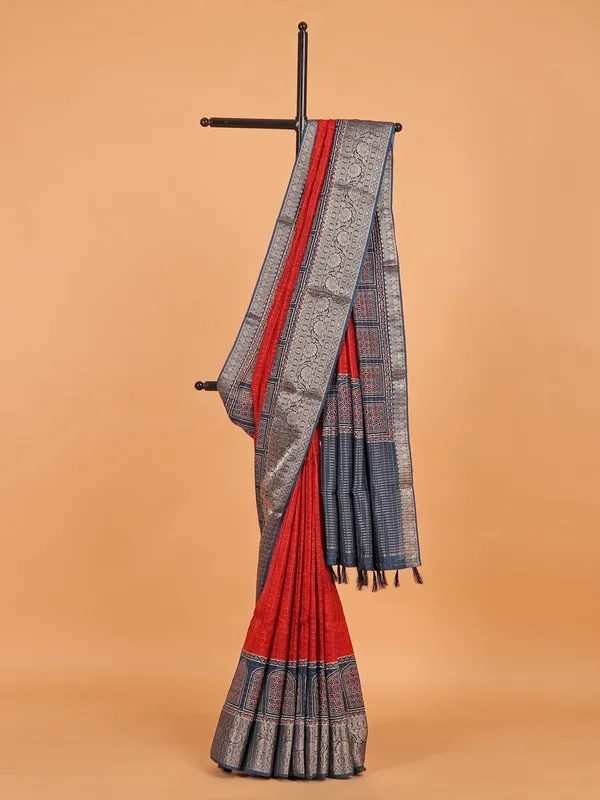 Red semi dola silk printed saree for festive