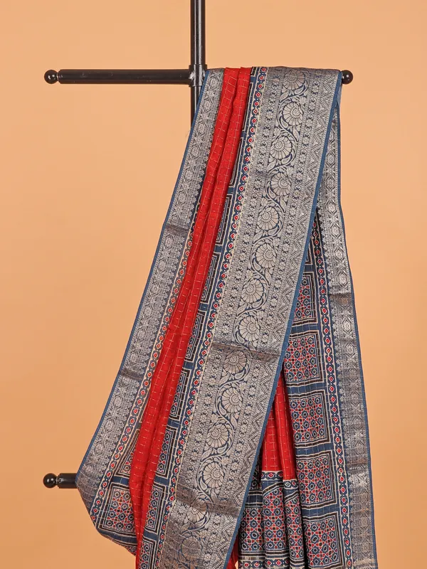 Red semi dola silk printed saree for festive