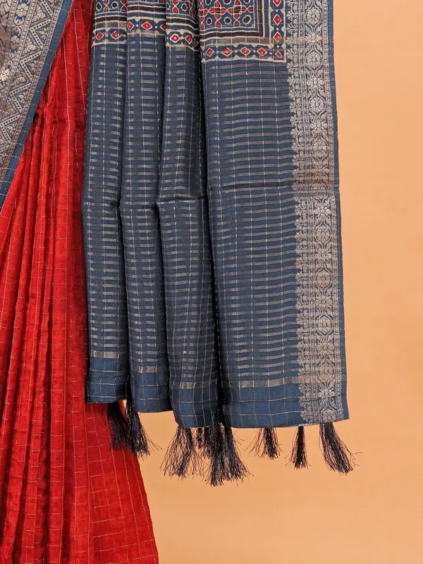 Red semi dola silk printed saree for festive
