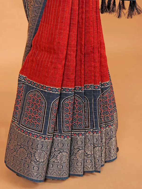 Red semi dola silk printed saree for festive