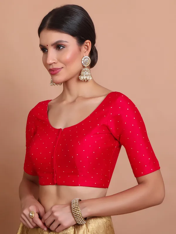 Red silk blouse with zari round neck finish