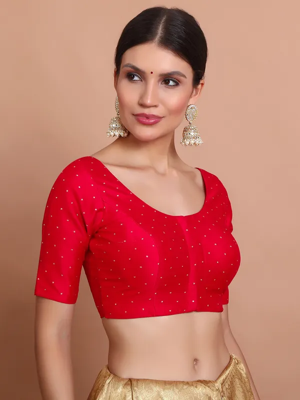 Red silk blouse with zari round neck finish