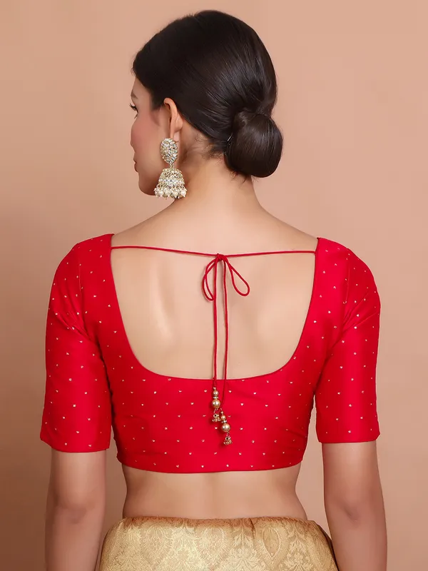 Red silk blouse with zari round neck finish
