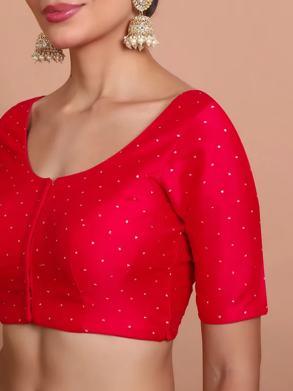 Red silk blouse with zari round neck finish