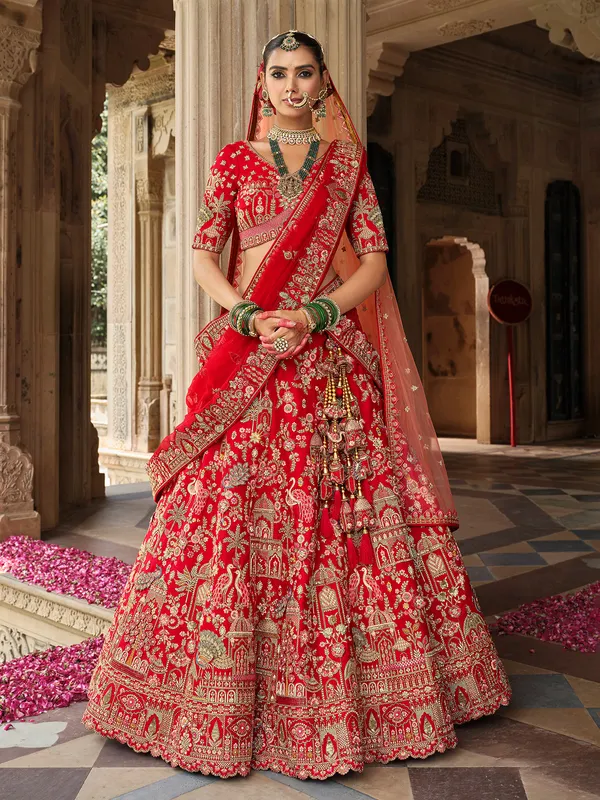 Red silk bridal lehenga choli with elegant sequins detailing