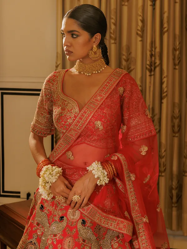 Red silk bridal lehenga choli with resham work
