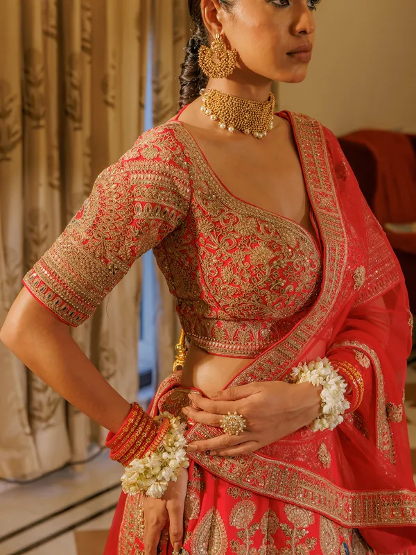 Red silk bridal lehenga choli with resham work