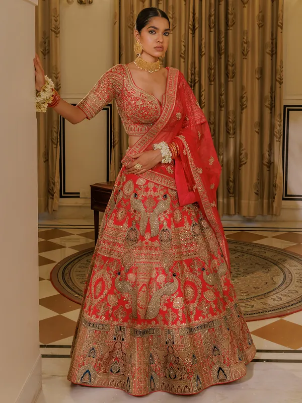 Red silk bridal lehenga choli with resham work