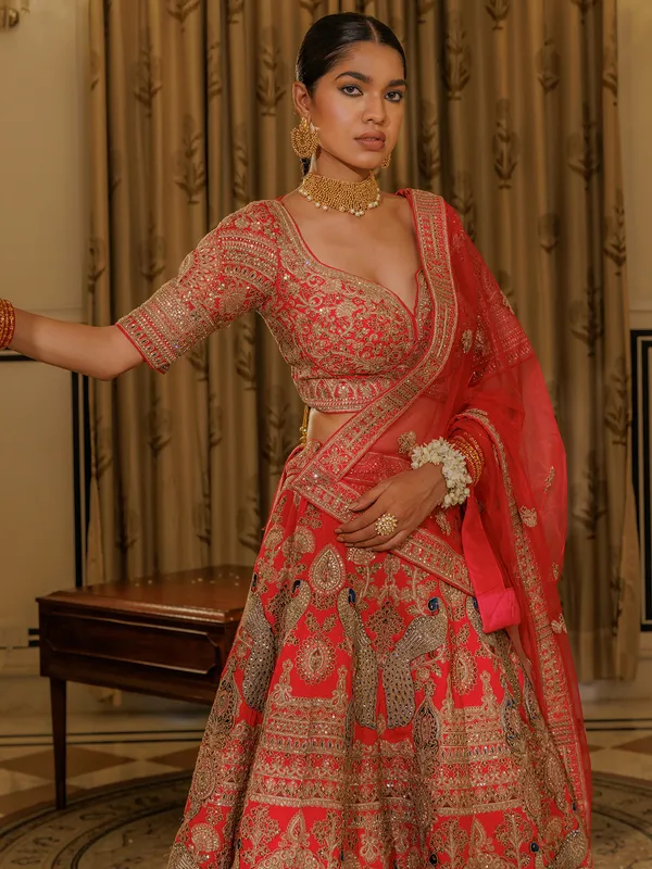 Red silk bridal lehenga choli with resham work