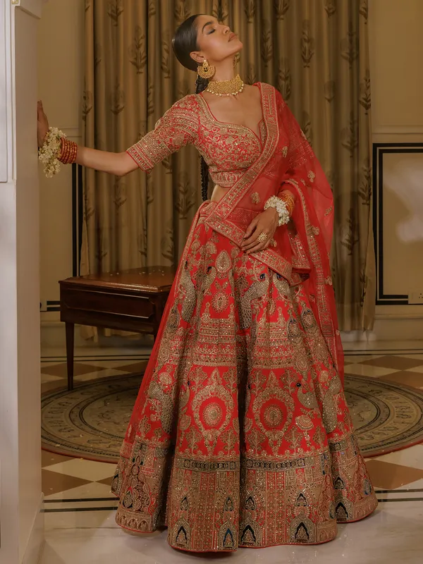 Red silk bridal lehenga choli with resham work