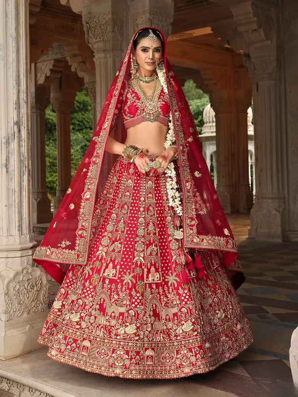 Red silk bridal lehenga choli with sequina and resham shine