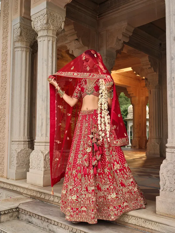 Red silk bridal lehenga choli with sequina and resham shine