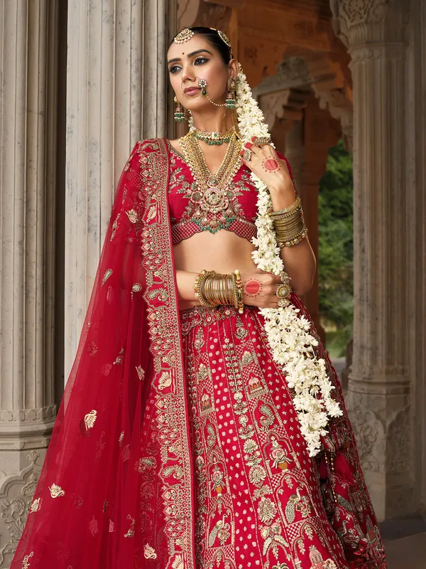 Red silk bridal lehenga choli with sequina and resham shine