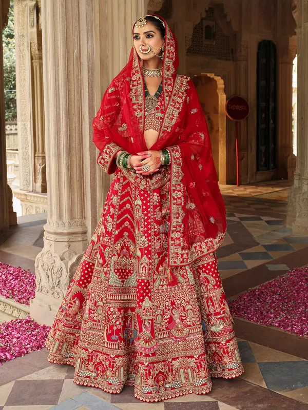 Red silk bridal lehenga choli with sequins and diamond work