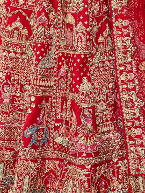 Red silk bridal lehenga choli with sequins and diamond work