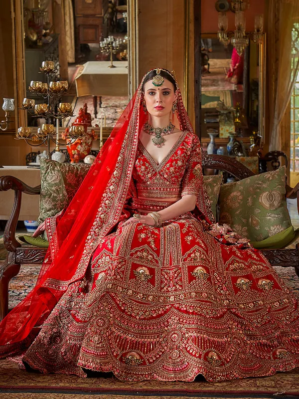Red silk bridal lehenga choli with sequins detailing
