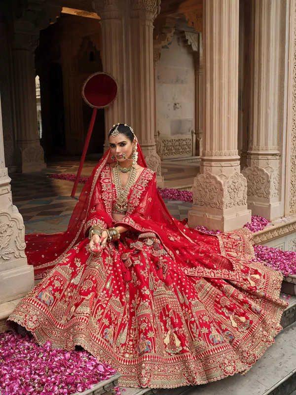 Red silk bridal lehenga choli with sequins embellishment