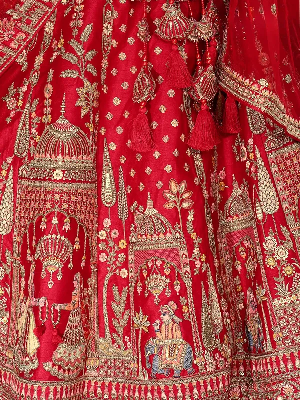 Red silk bridal lehenga choli with sequins embellishment