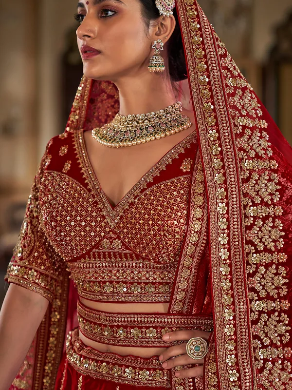 Red silk bridal lehenga choli with resham embroidery