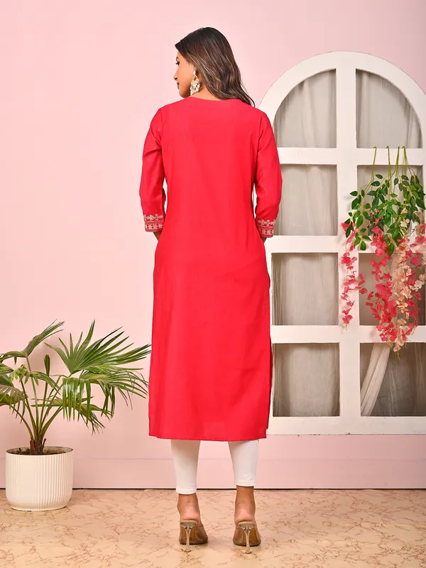 Red silk casual kurti with zari