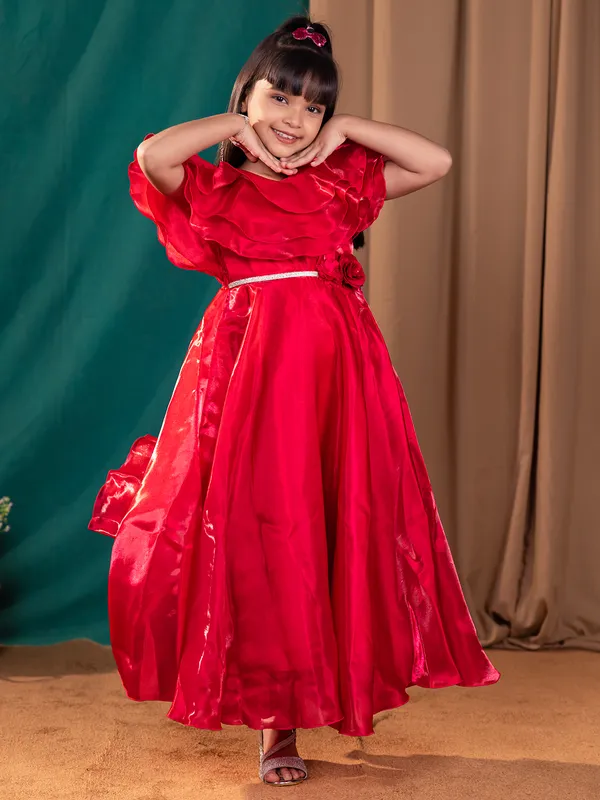 Red silk designer frock for girl