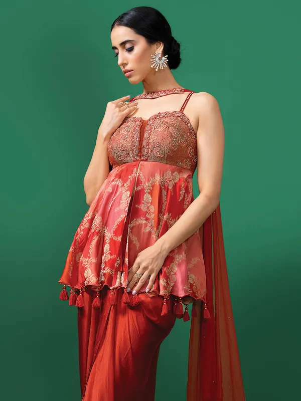 Red silk designer indowestern for women