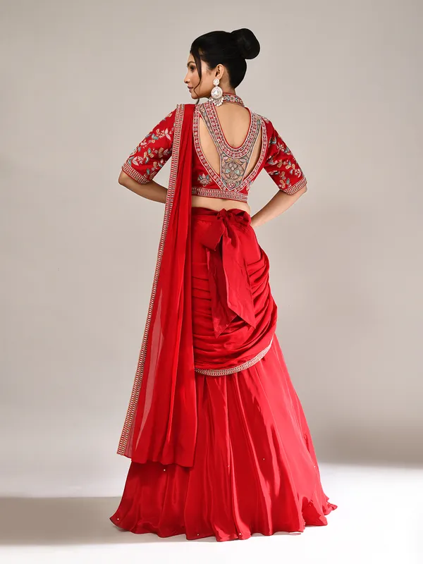 Red silk designer lehenga choli with attached dupatta