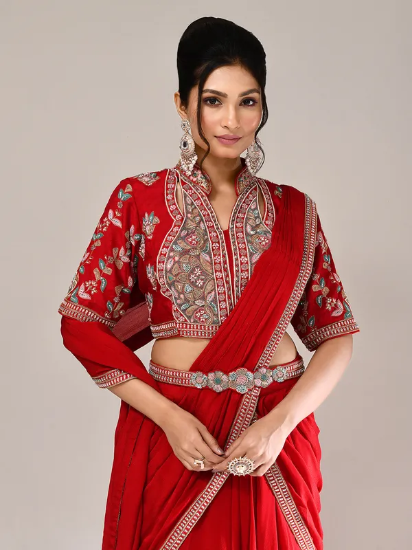 Red silk designer lehenga choli with attached dupatta
