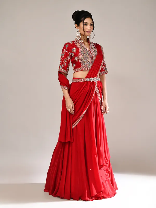 Red silk designer lehenga choli with attached dupatta