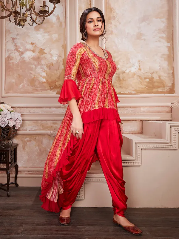 Red silk dhoti suit for festive