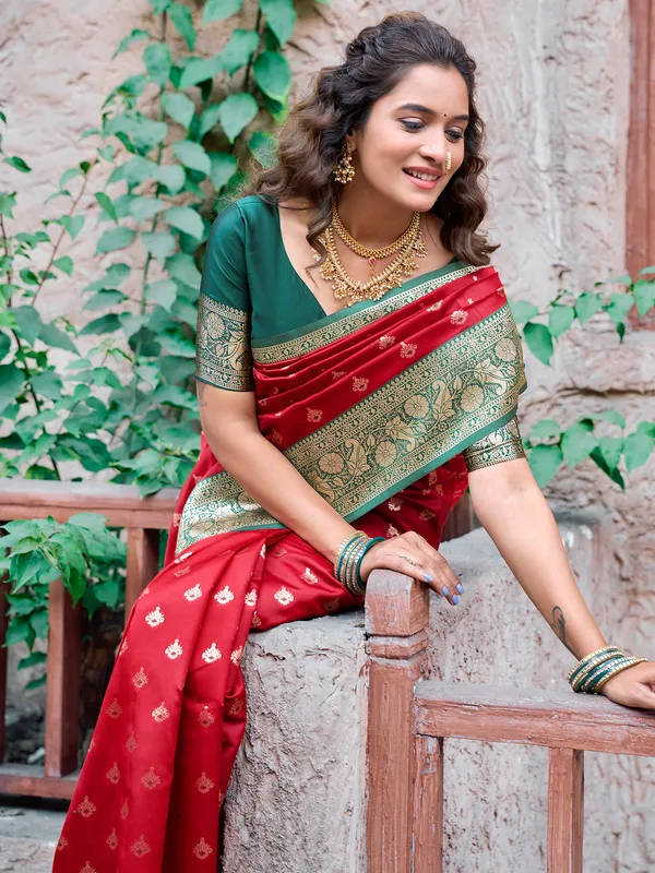 Red silk drape with zari pattern work