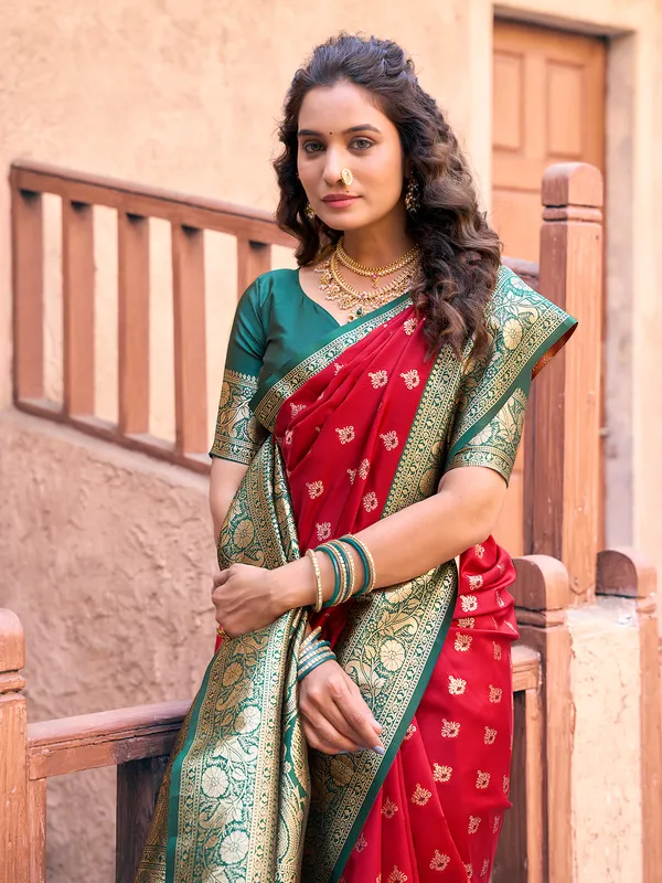 Red silk drape with zari pattern work