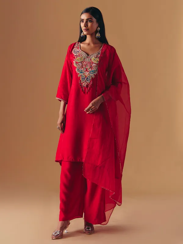Red silk elegant pakistani palazzo suit for wedding