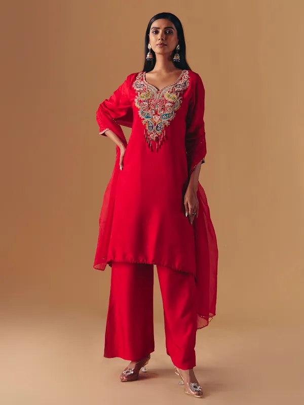 Red silk elegant pakistani palazzo suit for wedding