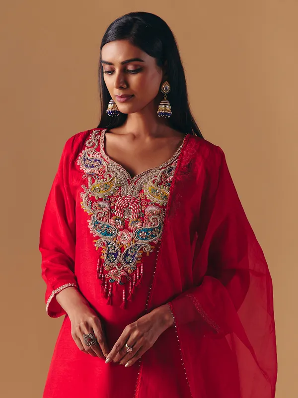 Red silk elegant pakistani palazzo suit for wedding