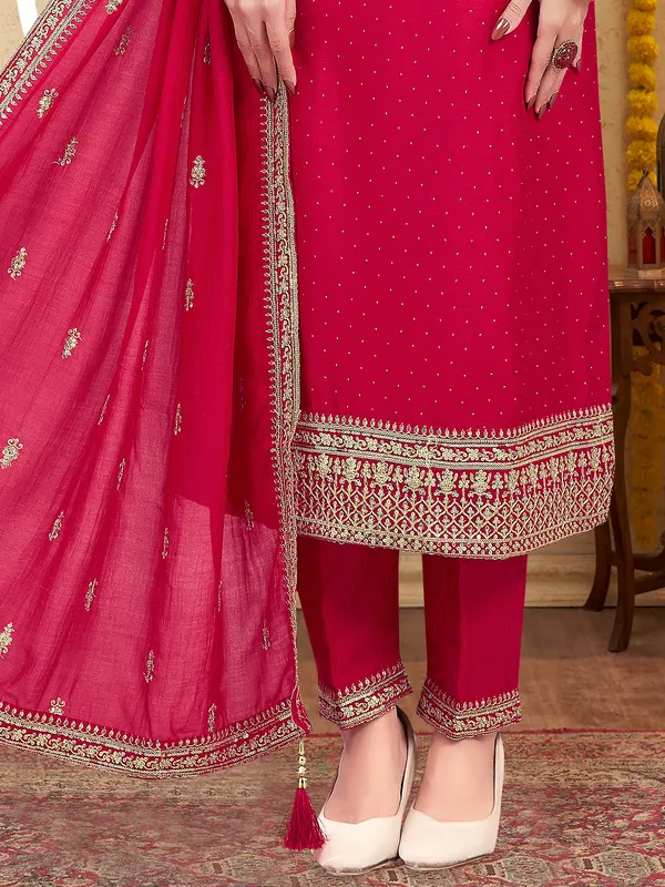 Red silk embellished straight cut salwar suit