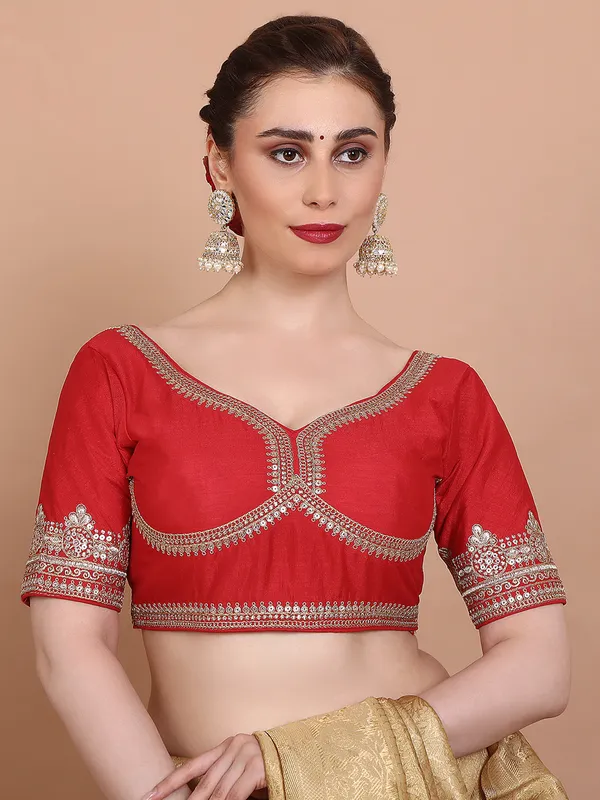 Red silk embroidered sweetheart neck ready made blouse