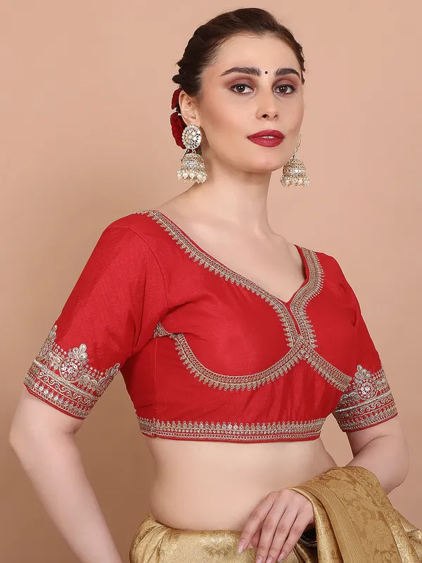 Red silk embroidered sweetheart neck ready made blouse