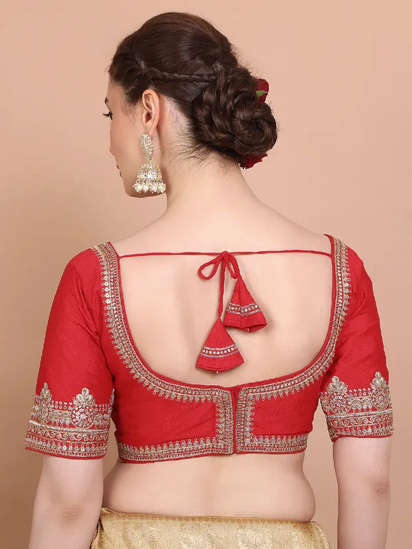 Red silk embroidered sweetheart neck ready made blouse