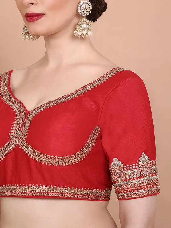 Red silk embroidered sweetheart neck ready made blouse