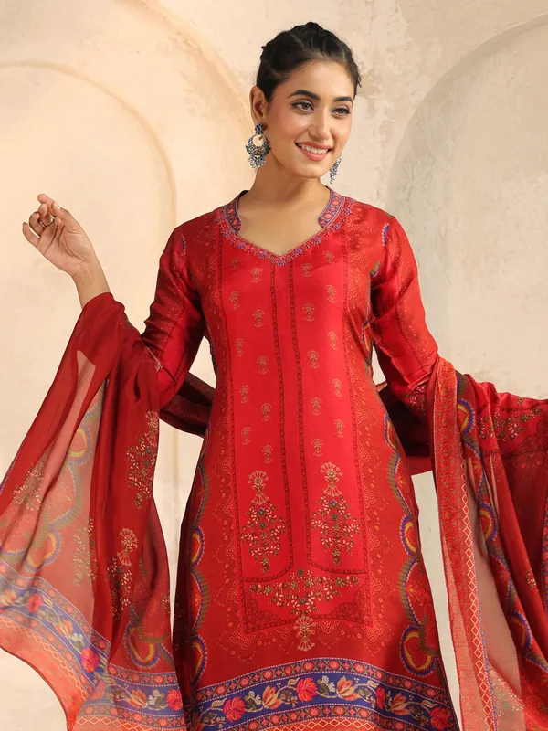 Red silk festive wear salwar suit with print