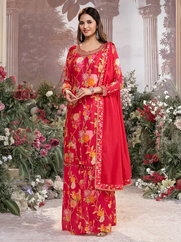 Red silk floral pakistani palazzo suit