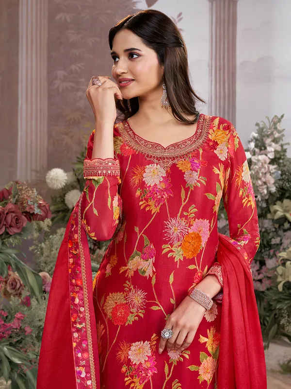 Red silk floral pakistani palazzo suit