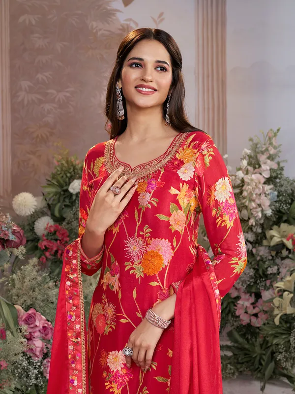 Red silk floral pakistani palazzo suit