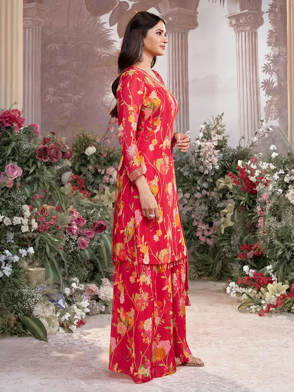 Red silk floral pakistani palazzo suit