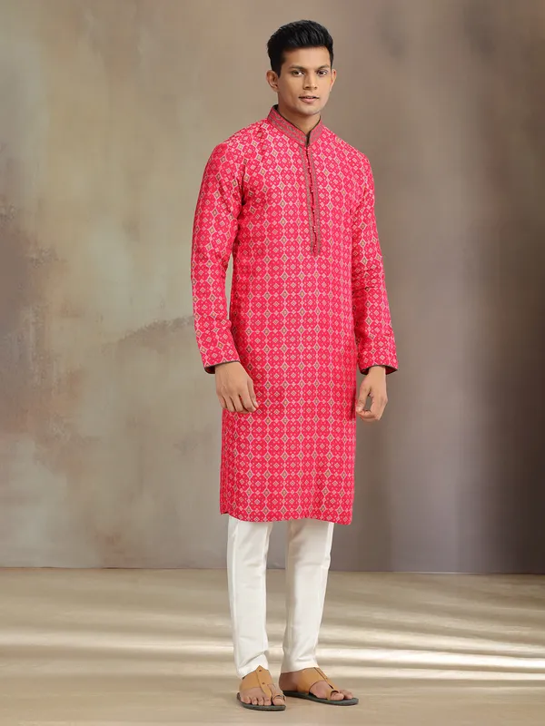 Red patola silk kurta pajama with print for festive wear