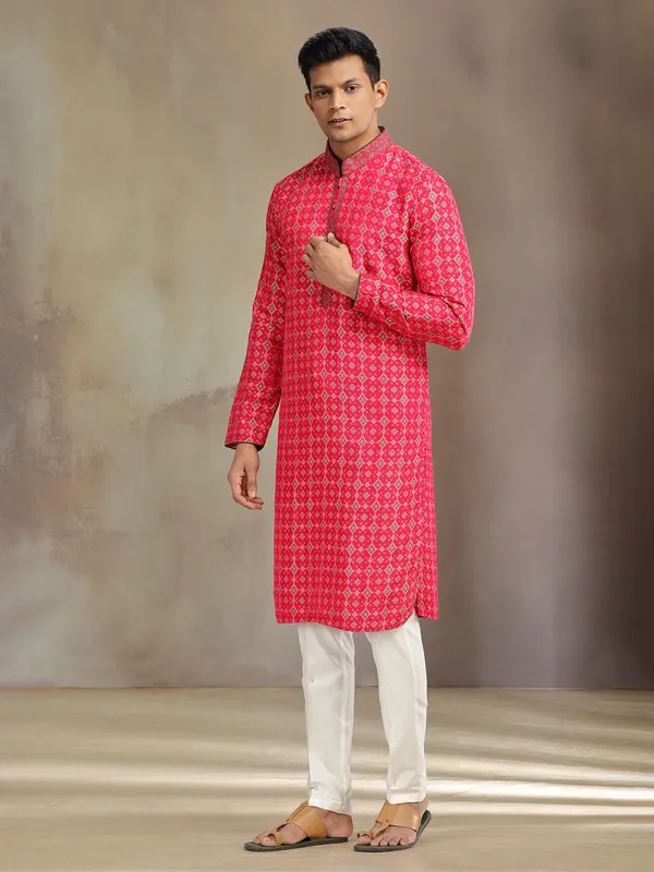 Red patola silk kurta pajama with print for festive wear