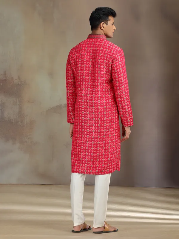 Red patola silk kurta pajama with print for festive wear