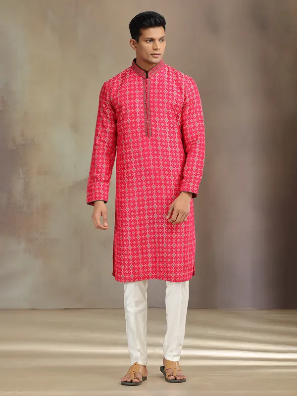 Red patola silk kurta pajama with print for festive wear