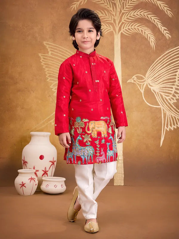 Red silk kurta suit with resham and sequins work